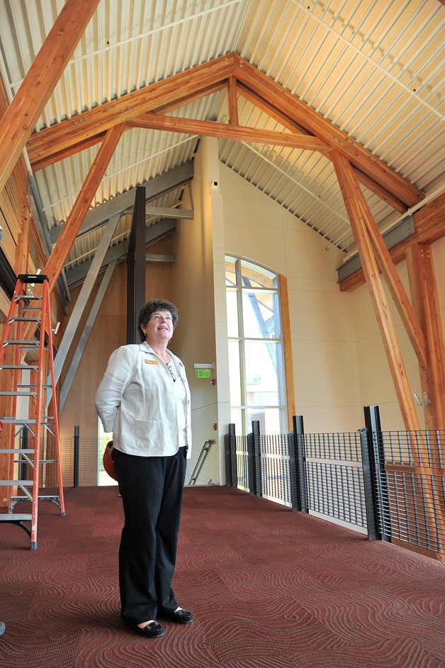 Poulsbo Mayor Becky Erickson takes in the view from the third floor of Poulsbo's new city hall during a building tour. The new city hall is slated to open mid-November.