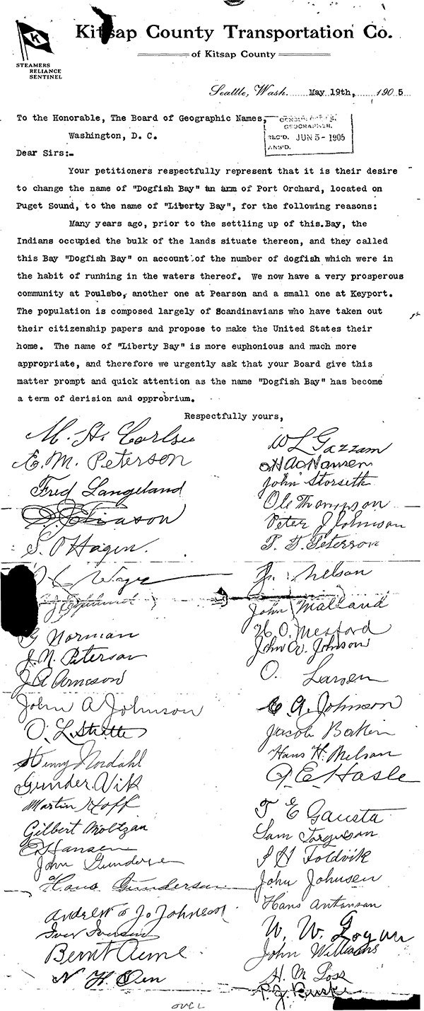 A copy of the petition asking the U.S. to change the name of Dogfish Bay to Liberty Bay.
