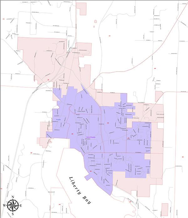The Poulsbo Port District boundaries are in purple; the Poulsbo city limits are in pink.