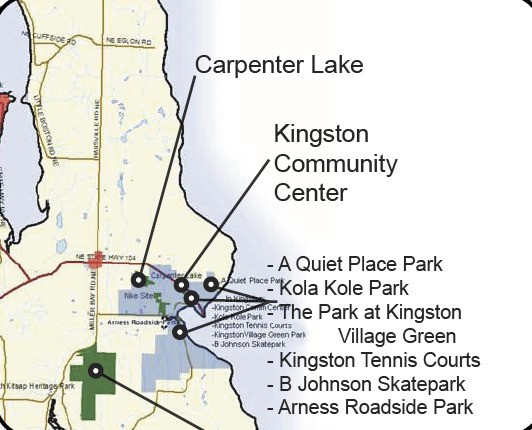 Location of Kitsap County parks in Kingston. The county is seeking volunteer help maintaining the parks.