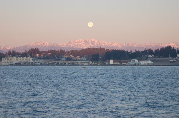 The moon was still visible in the early morning hours Wednesday