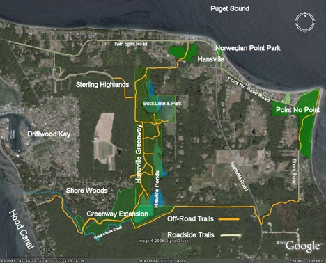 This map shows the Hood Canal-to-Puget Sound trails network of the Hansville Greenway.