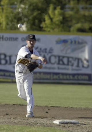 Kitsap BlueJackets shortstop Brandon Decker fires the ball to the plate against the Bellingham Bells Tuesday.