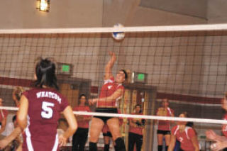 Freshman Lindsey Webel goes up for a kill Wednesday against Whatcom College. Whatcom swept the Rangers 3-0 (25-13