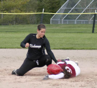 Klahowya shortstop Meika Bumbalough tags out a Kingston base runner in Friday’s 6-5 Eagles home win.