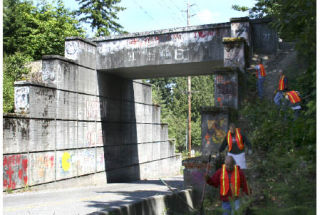 The Naval Base Kitsap First Class Petty Officers Association clears brush and moss from the Anderson Hill overpass Thursday afternoon in preparation for today’s pressure washing of the structure. Two teens plan to paint a wildlife mural on the overpass in August.