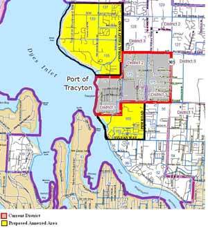 The gray area shows the current Port of Tracyton district. The yellow represents the proposed areas for annexation into the port. Those who live within the yellow boundaries will have the option to vote next month on whether or not they want to become part of the port district.