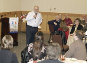 Costco President and CEO Jim Sinegal talks to a crowd at Thursday’s Business Ethics Awards luncheon hosted by the Rotary Club of Silverdale.