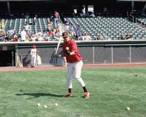 NABA Westsound president and manager Scott A. Capestany warms up at Franklin Covey Field in Salt Lake City during production for “Centerfield