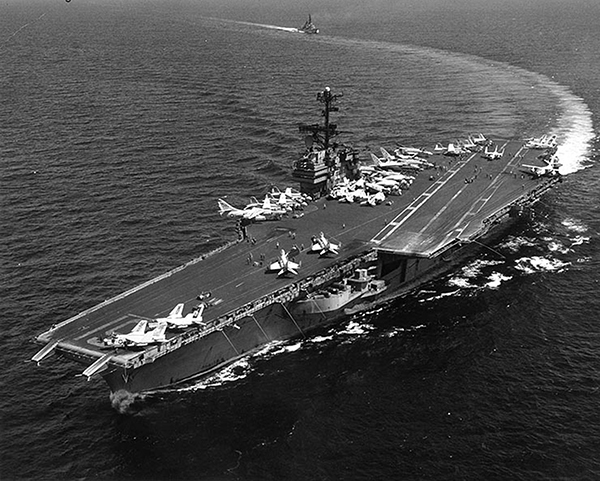 The USS Ranger (CV61) operates in the Pacific Ocean in the late 70s.