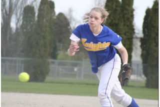 Wesley Remmer/staff photo Bremerton freshman Rachel Pratt throws a pitch during the Lady Knights’ 7-0 loss at home against North Mason Tuesday. Pratt allowed just two earned runs