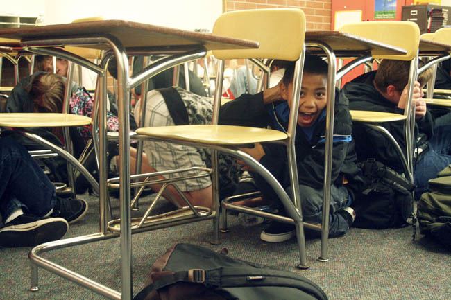 Seventh graders in Josh Morton’s language arts class hid under their desks for the first two minutes of the earthquake drill.