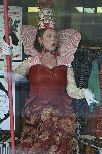 Denise Gargano performed as the Queen of Hearts in the window at Purpose Boutique in downtown Bremerton during April’s art walk to promote the West Sound Art Council's tea. She wore an outfit made from two placemats and an old drape. Her hat is made of paper teacups and the collar is made from a deck of cards.