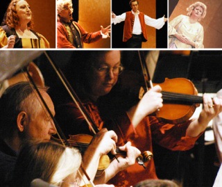 Bremerton Symphon violinists strike it up from the orchestra pit beneath the stage (below) while Kitsap Opera players portray (from left