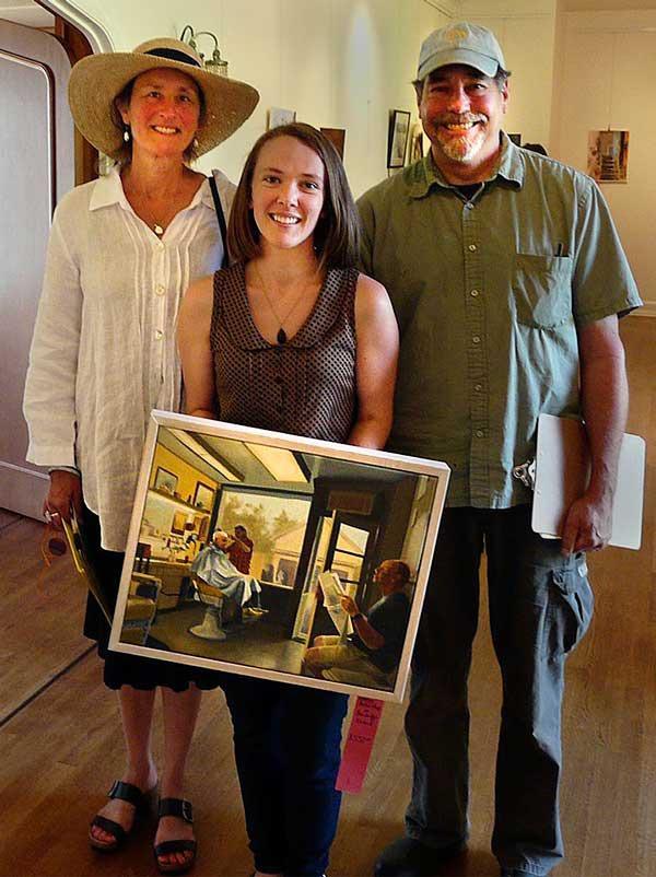 Judges leigh Knowles and Robin Weiss with first winner Nicole Gelinas and her painting