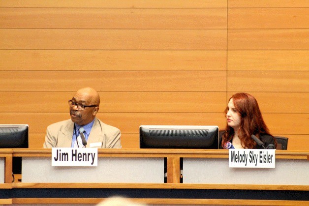 Poulsbo city council candidates Jim Henry and Melody Sky Eisler answer public questions at a voters forum Oct. 7.