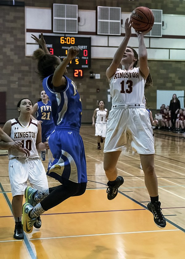 Kingston Junior Nichole Day moves against Fife’s Christina Willis (1) for a first-quarter basket