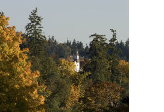 Fall is in full bloom as the First Lutheran Church in Poulsbo is dwarfed by surrounding maples.