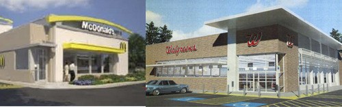 The proposed designs for McDonald's and Walgreens at Hwy 305 and Hostmark St. in Poulsbo.