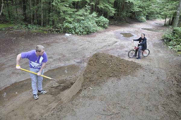 Kyle Olsen works on the structure of a jump