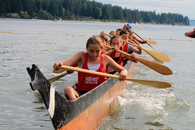The new team of the Spirit Hawk paddles off the shores of Suquamish.