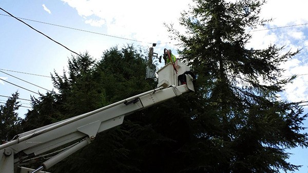 Joe Roulanaitis sent this photo and report from Miller Bay Estates: 'A loud bang was heard when a transformer blew in Miller Bay Estates. PSE was on the scene quick to clear away infringing tree for repair.'