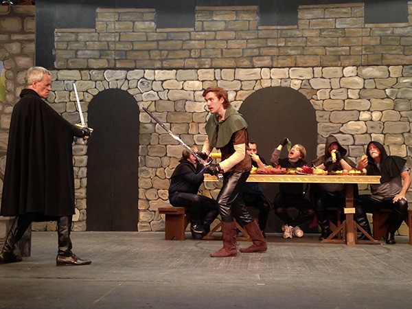 King John (Gerry Thom) and Robin Hood (Joseph Graves) battle in front of the court during a scene during rehearsal June 13 at Port Gamble Theater.