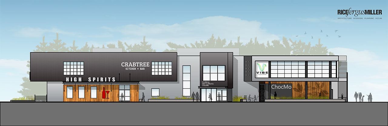 The east elevation of the building that will be occupied by ChocMo, High Spirits, Crabtree Kitchen + Bar, and Vibe Coworks. (Rice Fergus Miller)