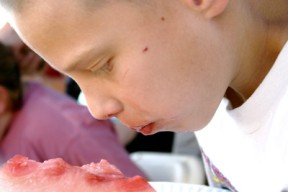Nine-year-old Conner Dunning of Poulsbo prepares to take another bite of watermelon during the Third of July watermelon-eating contest.