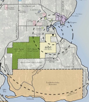 Arborwood is located off South Kingston Road (the cream-colored parcel) and adjacent to the North Kitsap Heritage Park (green parcels).