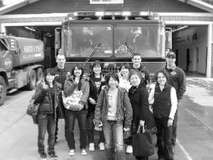 The Japanese exchange students dropped in at the North Kitsap Fire & Rescue headquarters station. Pictured above are left to right are Ayaka Fujita