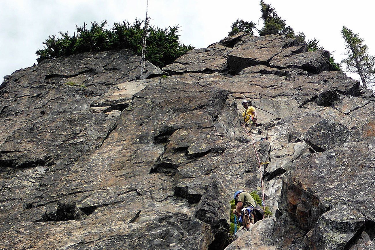 Climbers work on a multi-pitch climb on The Tooth, a basic alpine climb in Mount Baker — Snoqualmie National Forest. Contributed / Ralph Wessels