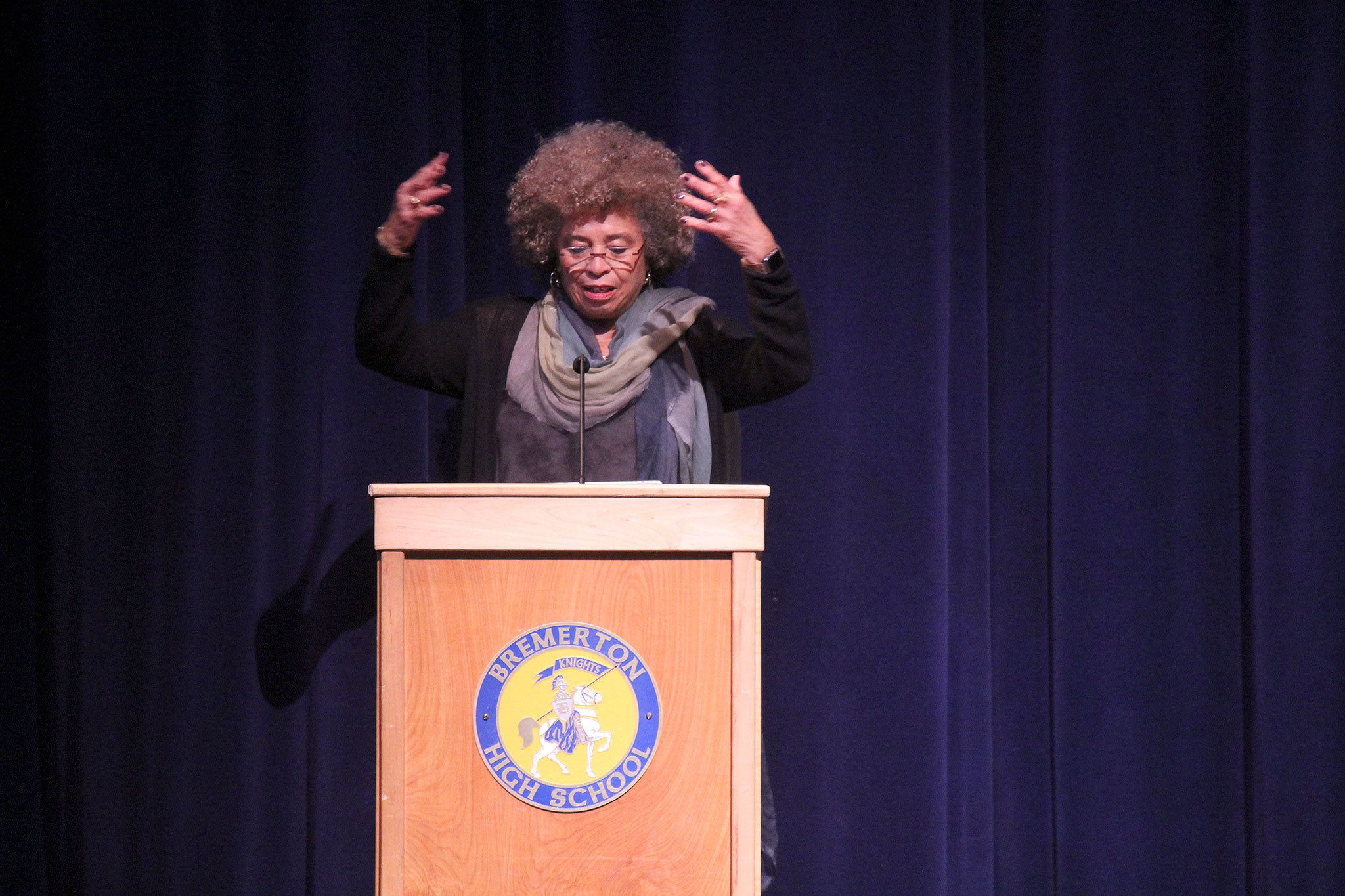 Dr. Angela Davis, a civil rights activist, spoke at OC’s inaugural event for its Presidential Equity and Excellence series, helmed by OC President Dr. David Mitchell and Equity and Inclusion Vice President Cheryl Nuñez. Michelle Beahm / Kitsap News Group