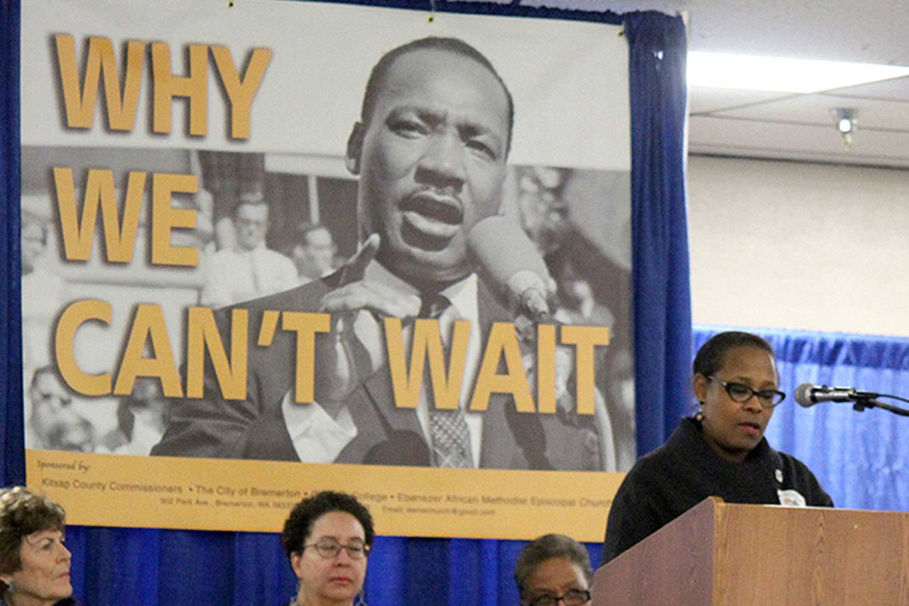 Cheryl Nuñez speaks at the 23rd annual Martin Luther King Jr. Celebration on Jan. 16 at the Kitsap County Fairgrounds. Michelle Beahm / Kitsap News Group