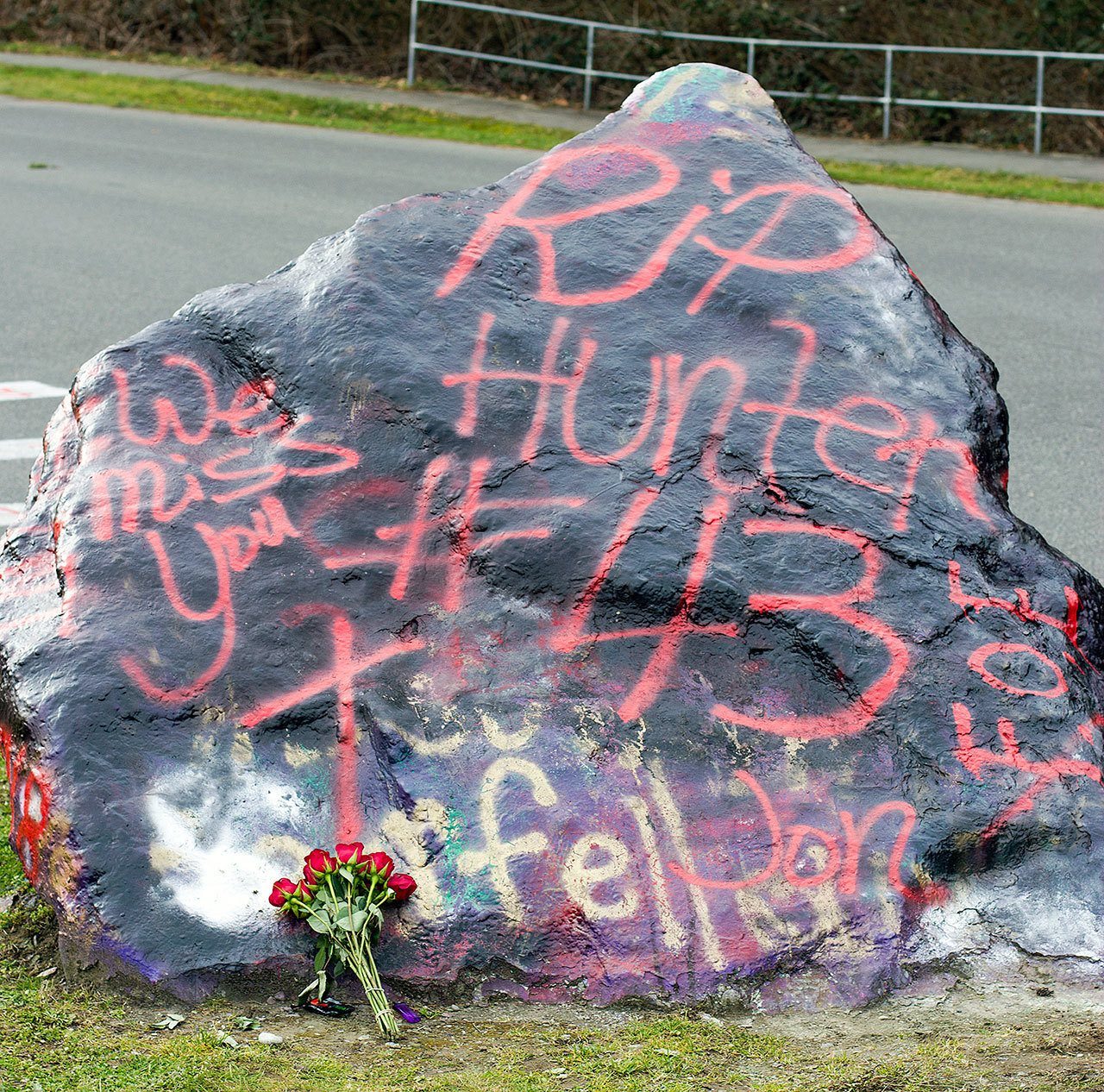 A students or students painted a tribute to Hunter Schaap on the rock at North Kitsap High School. Sophie Bonomi/Kitsap News Group