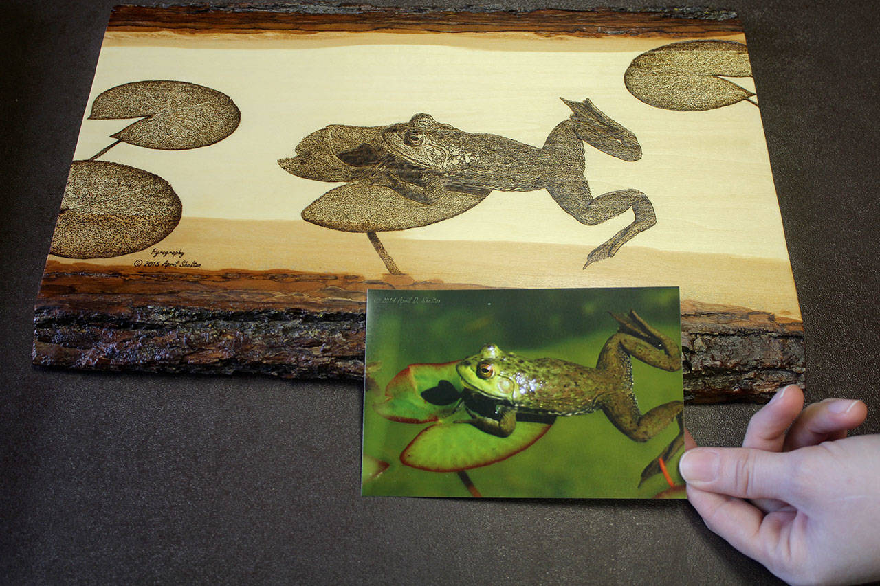 Artist April Shelton said it took over 300 hours to go from this photo of a frog on a lily pad to the to finished pyrographic art.                                Terryl Asla/Ktsap News Group