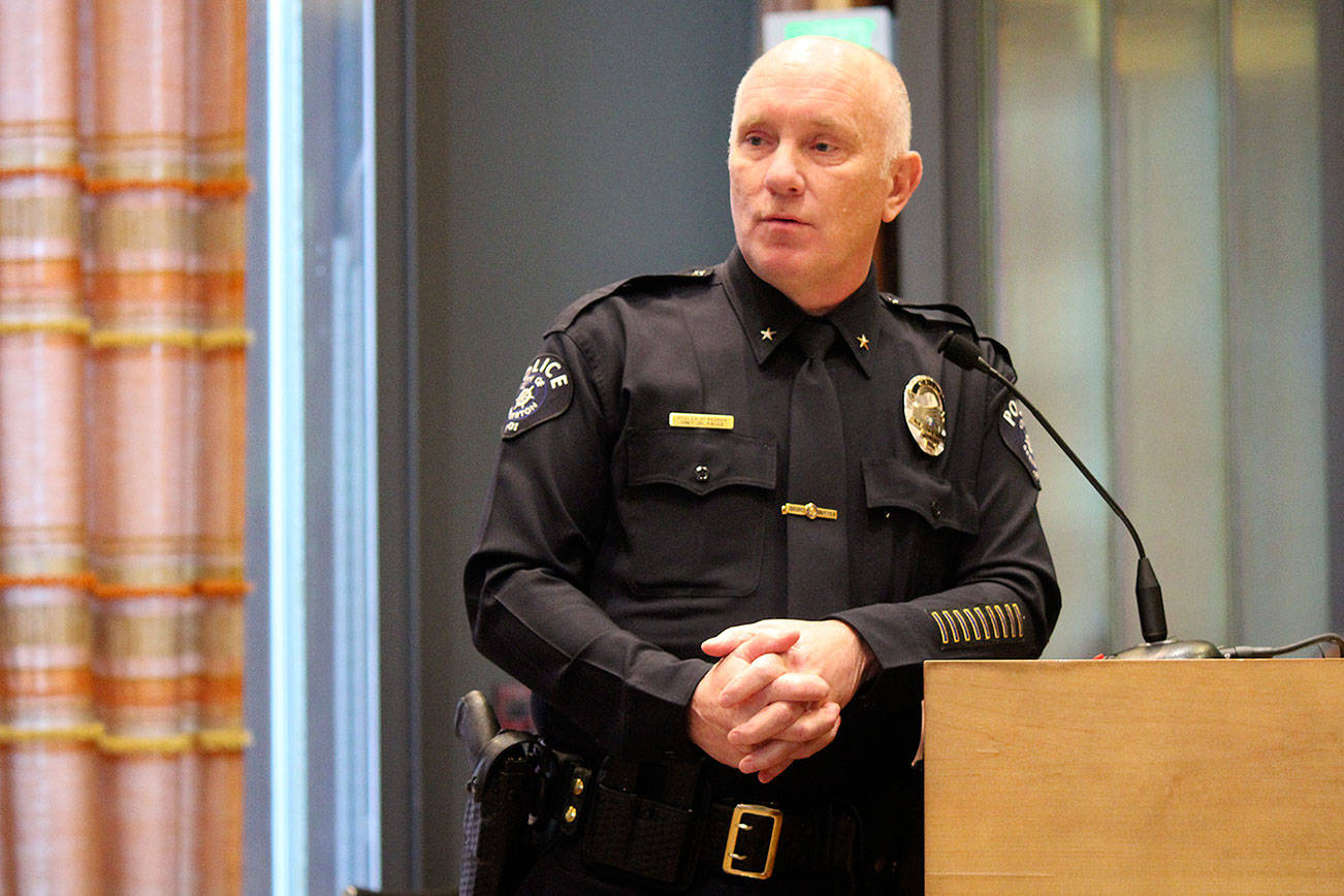 Bremerton Police Chief Steven Strachan addresses the public at the special City Council meeting March 29 regarding a resolution declaring Bremerton to be a “welcoming city.” The Bremerton Police Department has had a policy for about three years that states, “Officers should not attempt to determine the immigration status of crime victims and witnesses or take enforcement action against them … The immigration status of individuals alone is generally not a matter for police action.” This policy was adopted in an effort to make undocumented immigrants feel safe reporting crimes to the Bremerton Police Department.                                Michelle Beahm / Kitsap News Group