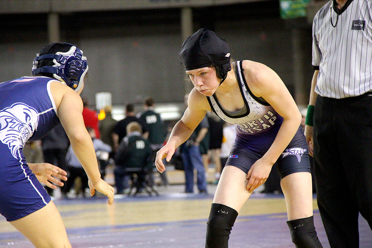 North Kitsap freshman wrestler Holly Beaudoin competes in the 2A girls state wrestling championship and takes second place Feb. 18. (Northwest sports photography / Contributed)