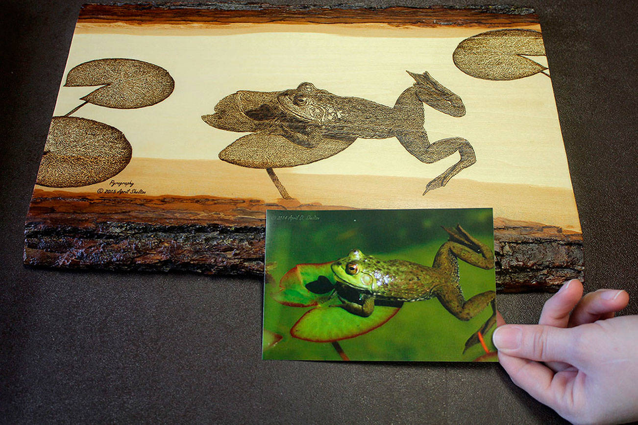 Artist April Shelton said it took over 300 hours to go from this photo of a frog on a lily pad to the to finished pyrographic art. Terryl Asla/Ktsap News Group