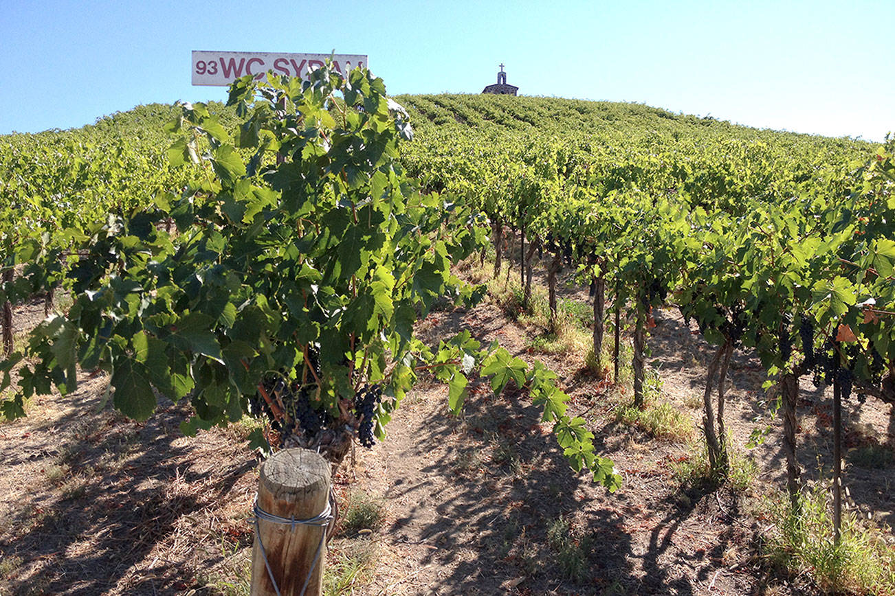 Red Willow Vineyard in the western end of the Yakima Valley is topped by the iconic chapel that stands as a tribute to the late Monsignor Mulcahy, a cherished friend of vineyard owner Mike Sauer. (Eric Degerman/Great Northwest Wine)