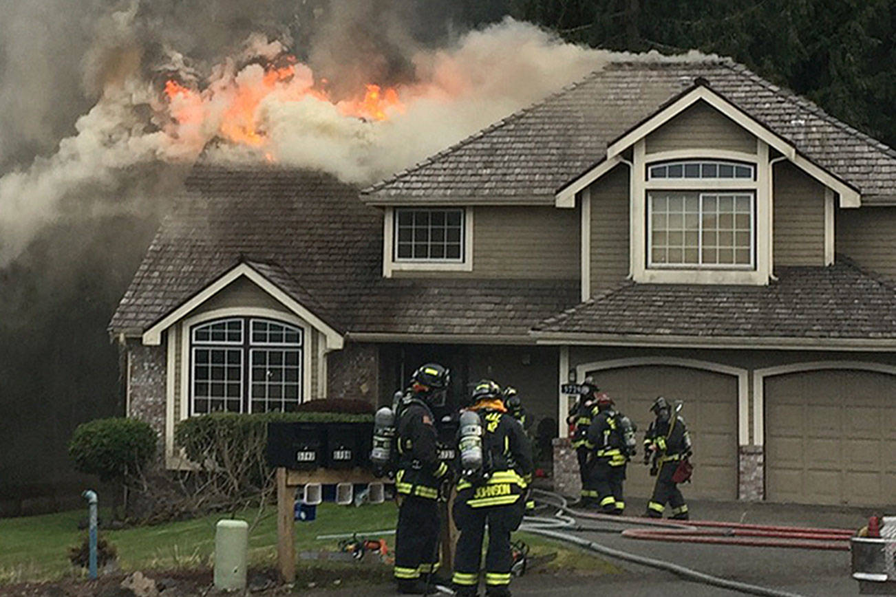 No injuries were reported but the second floor of a two-story home was destroyed in a fire early April 16 in the 5700 block of Eldorado Place NW, Bremerton. (Ileana LiMarzi/Central Kitsap Fire and Rescue)