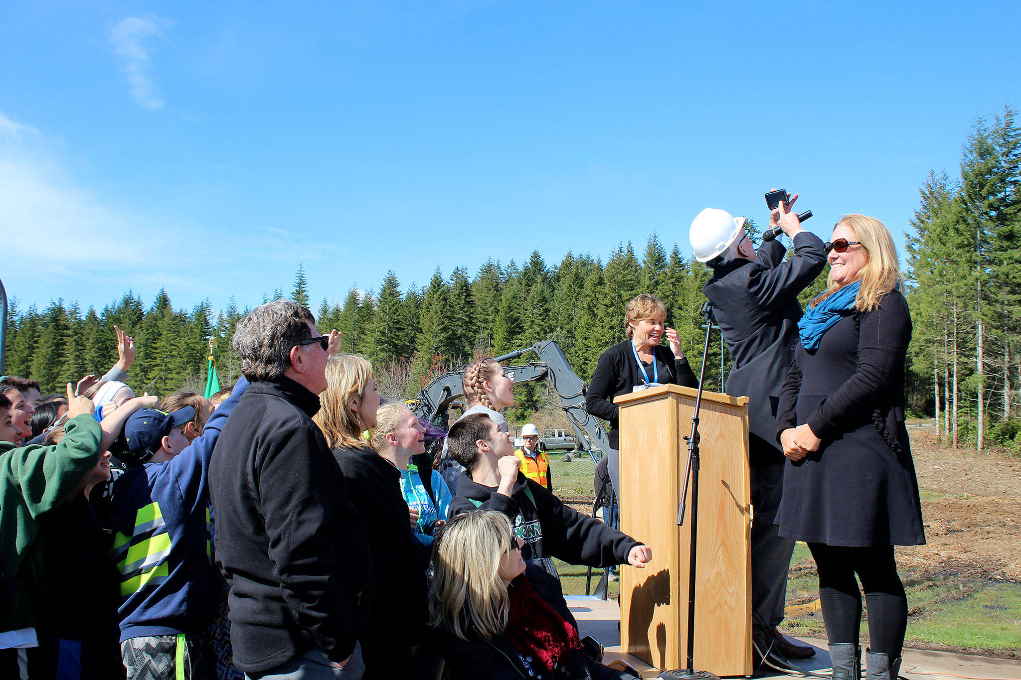 Central Kitsap School District Superintendent David McVicker takes a “selfie” photo with the Klahowya staff and students at the end of the groundbreaking ceremony April 14.                                Michelle Beahm / Kitsap News Group
