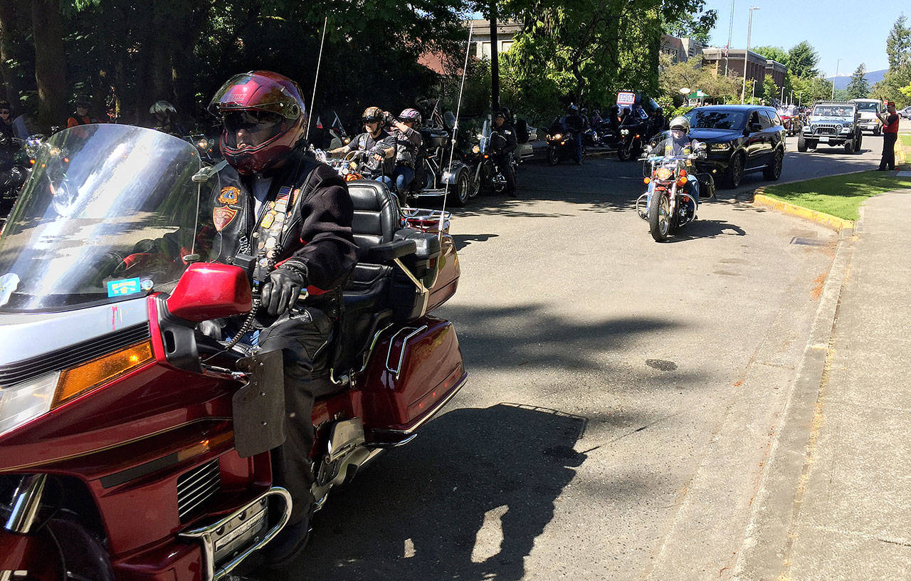 Veterans on motorcycles begin the long journey from the Kitsap County Administration Building in Port Orchard to Tahoma National Cemetery in Covington as part of the Unforgotten Run to Tahoma VIII event May 27. Photo: Bob Smith | Kitsap Daily News