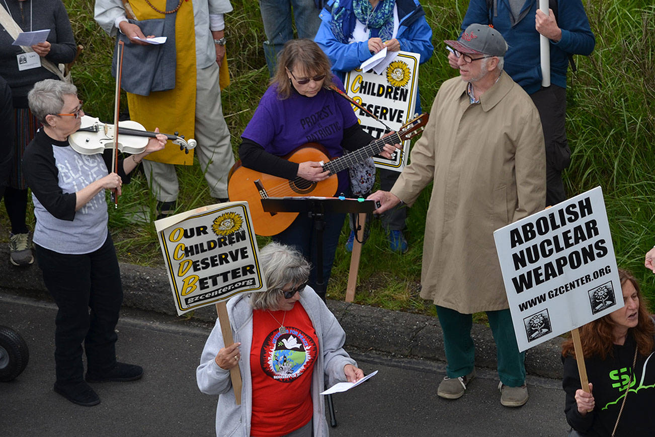 Fifty-five people were present at the demonstration against Trident nuclear weapons at the Bangor submarine base. Fourteen demonstrators attempted to block the main highway entrance into the base and were cited by the Washington State Patrol. (Karol Milner/Courtesy)