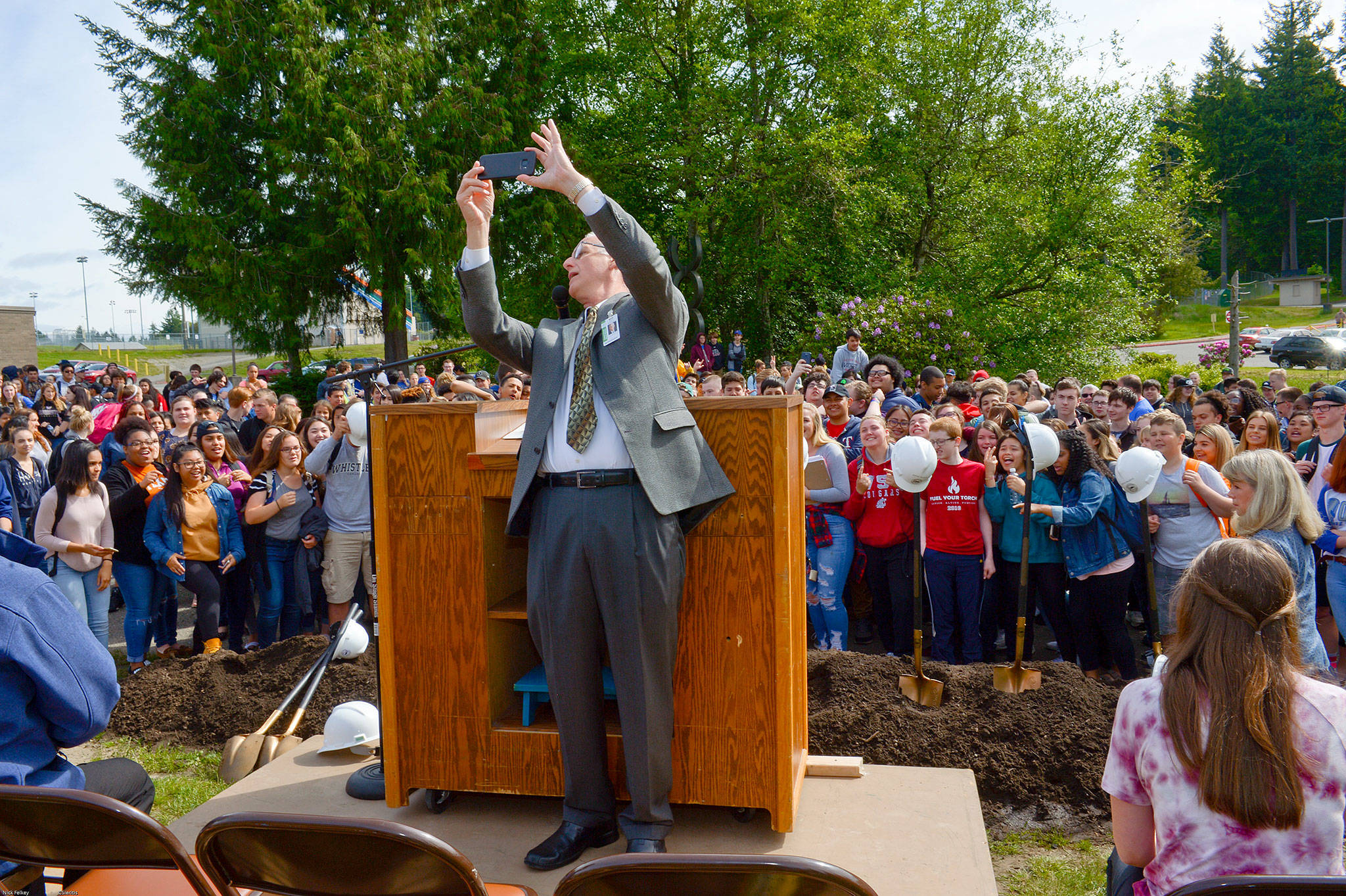 Central Kitsap School District Superintendent David McVicker takes a selfie with Olympic High School students at the groundbreaking ceremony May 31. Central Kitsap School District