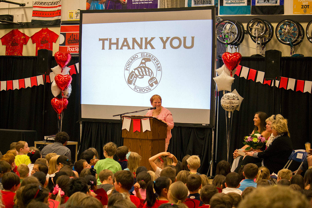 Poulsbo Elementary School Principal Claudia Alves is retiring after 46 years as a educator. Students a, faculty and staff members honored her in a full-house assembly June 16 at the school. (Sophie Bonomi/Kitsap News Group)