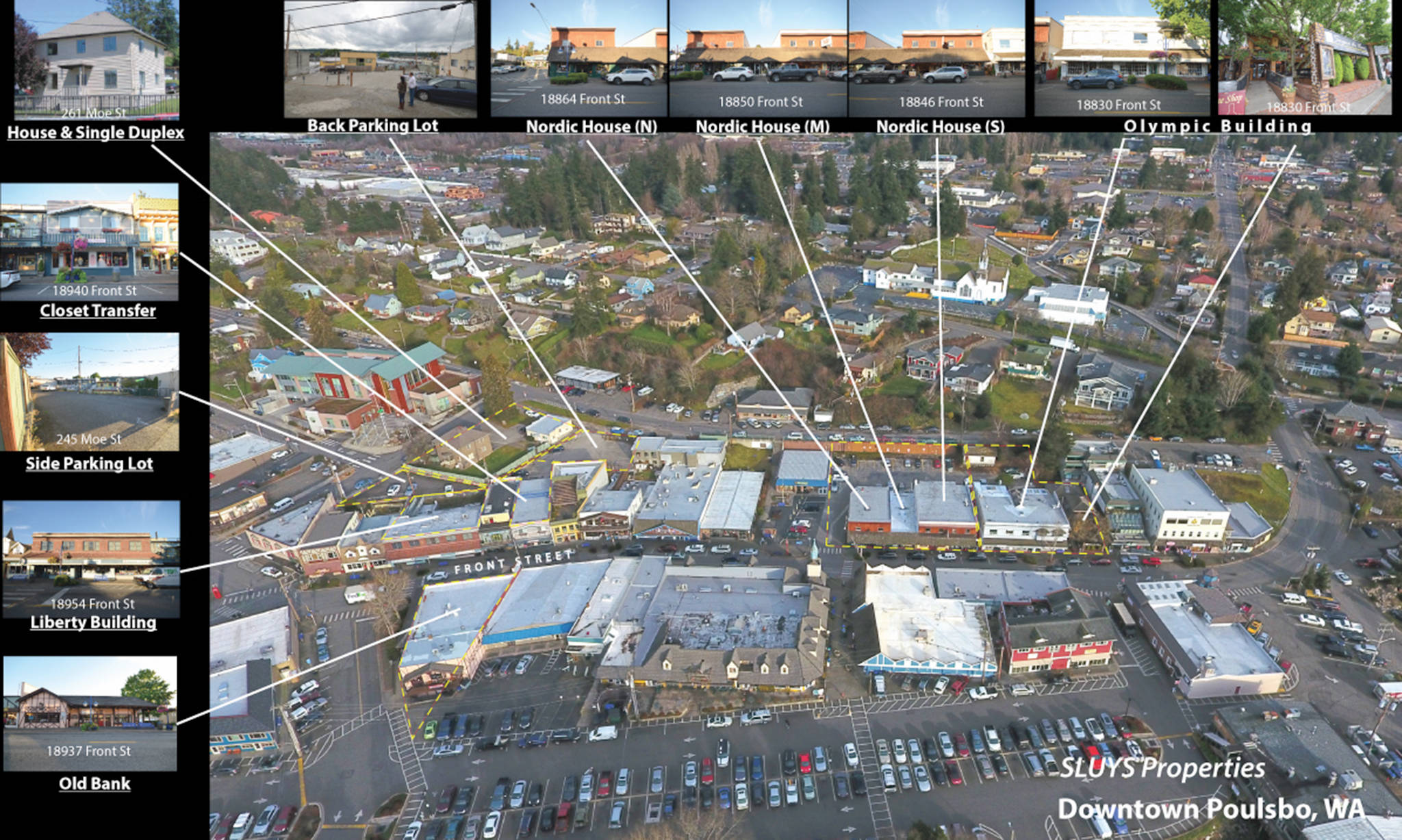 Aerial map showing the Sluys properties in Poulsbo’s Historic Downtown. With the exception of the buildings housing Sluys Bakery and Tizleys, they are being sold to Sound West Group. (Marion Sluys/Contributed)