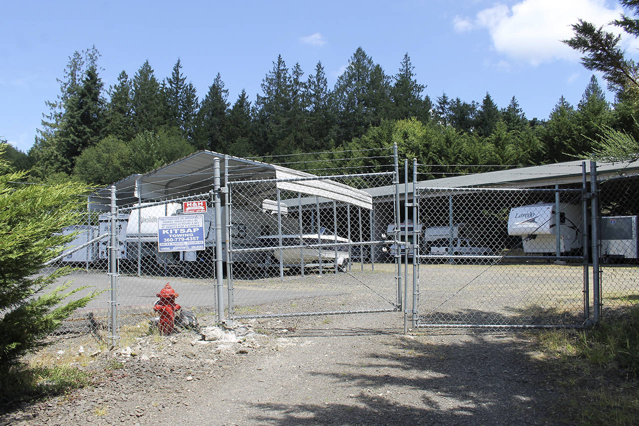 The new three-story 45,000 square foot facility will replace these RV and boat storage shelters at the top of the ProGuard property, according to BJC Group.                                Terryl Asla/Kitsap News Group