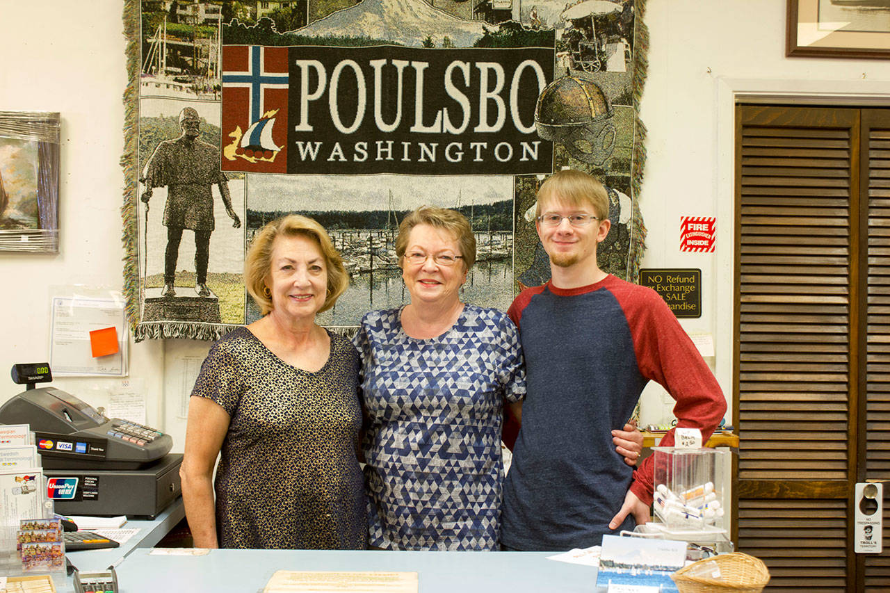From left, longtime shop employee and friend Kathy Sagdahl, Nordic Maid owner Jeanne Snouwaert, and Snouwaert’s grand-nephew, Cameron Sabo. The shop’s last day is July 29.                                (Sophie Bonomi/Kitsap News Group)