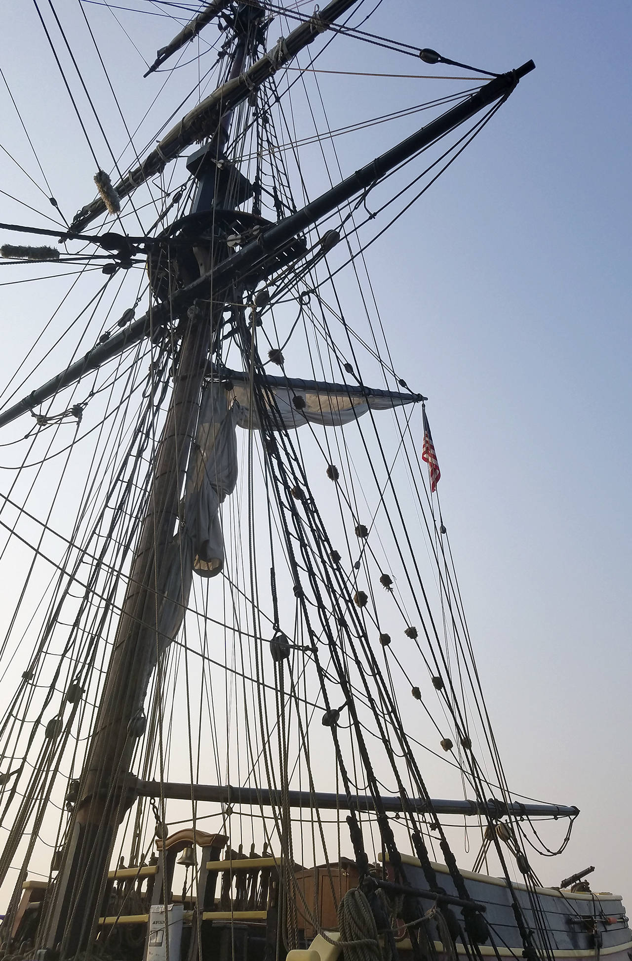 Notice in this photo and others of the Lady Washington that each mast is actually made up of several masts stacked one atop the other, with each one getting smaller in diameter. These so-called “top masts” could be lowered in the event of bad weather. According to Capt. J. B. Morrision, who once commanded the Lady Washington, having top masts is what qualifies a vessel to be called a “tall ship.”                                Terryl Asla/Kitsap News Group